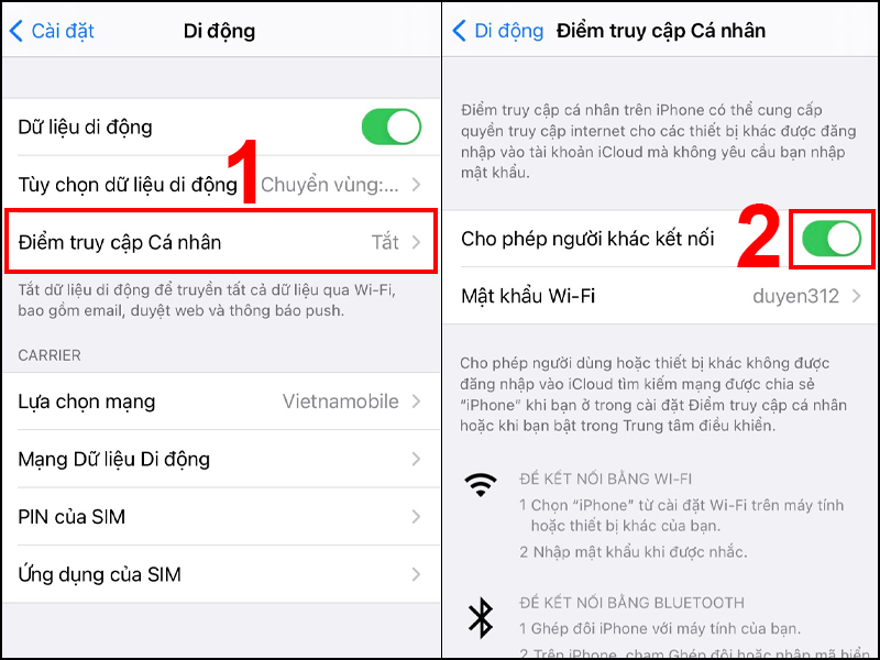 Bật Điểm truy cập Cá nhân để chia sẻ WiFi